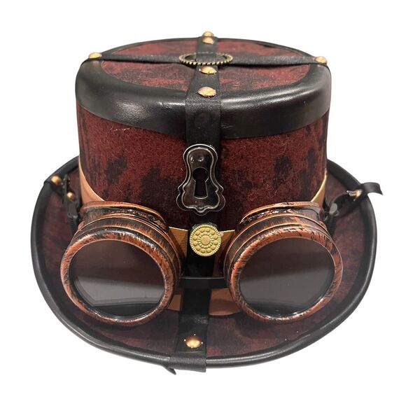 Steampunk Velvet Top Hat & Goggles Brown Wasteland Wanderer Costume Cosplay - Picture 2 of 8